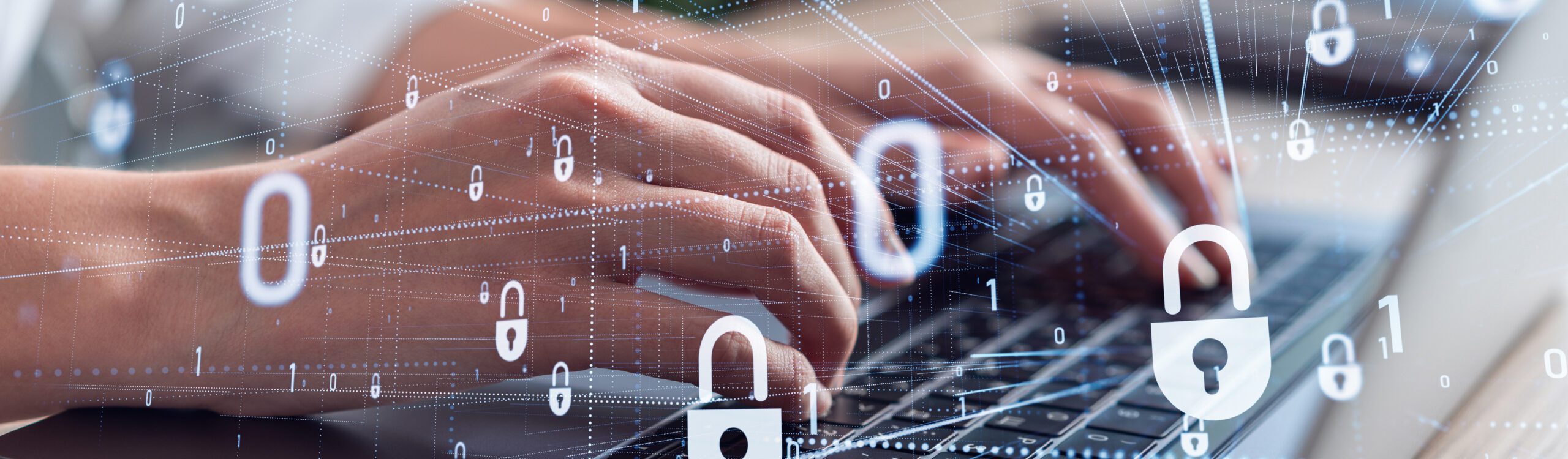 A woman programmer is typing a code on computer to protect a cyber security from hacker attacks and save clients confidential data. Padlock Hologram icons over the typing hands. Formal wear.