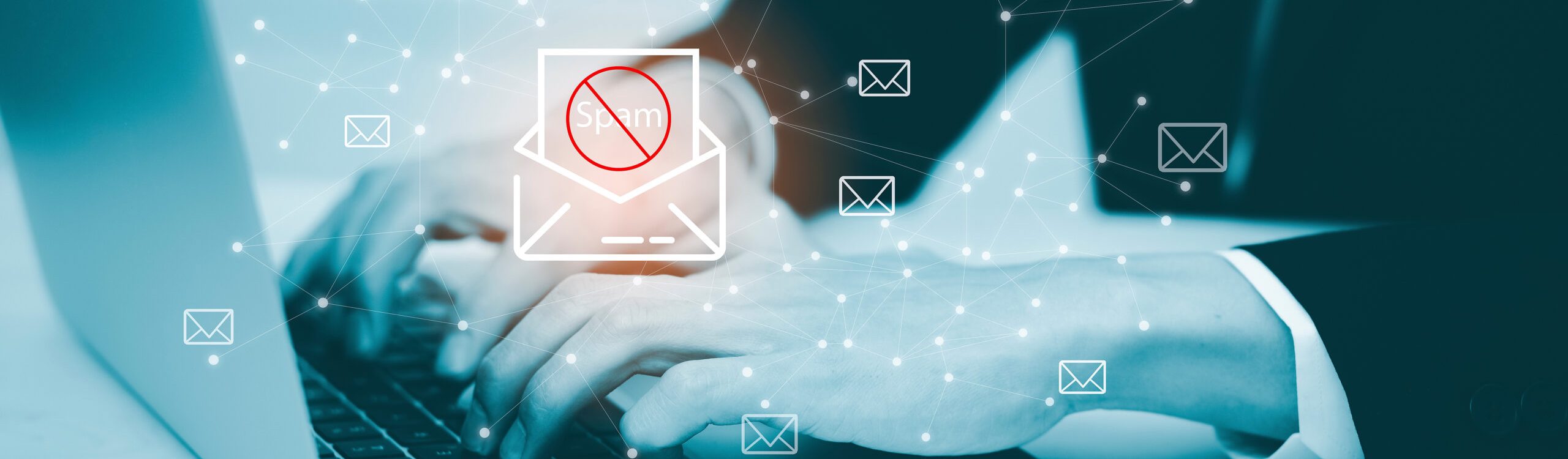 Email concept with laptop spam and virus computer monitor internet security concept, businessman reading electronic mail with a laptop. Spam, junk and e-marketing on screen, Spam Email Pop-up Warning.